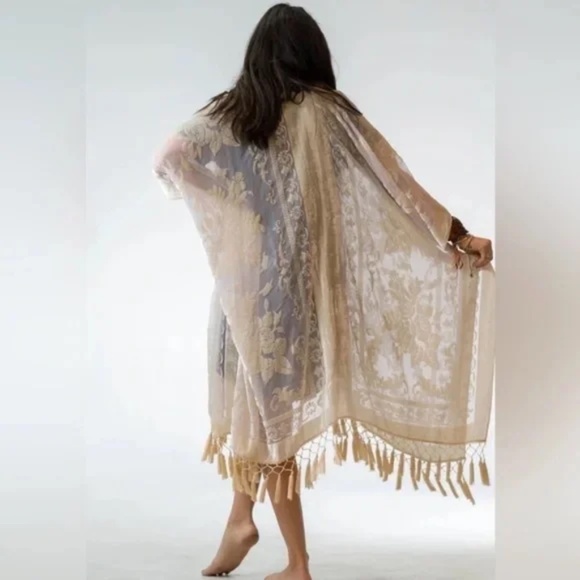 Accessories - SOLD OUT Nude Floral Velvet Burnout Tassel Kimono Open Wrap Coverup Top One Size